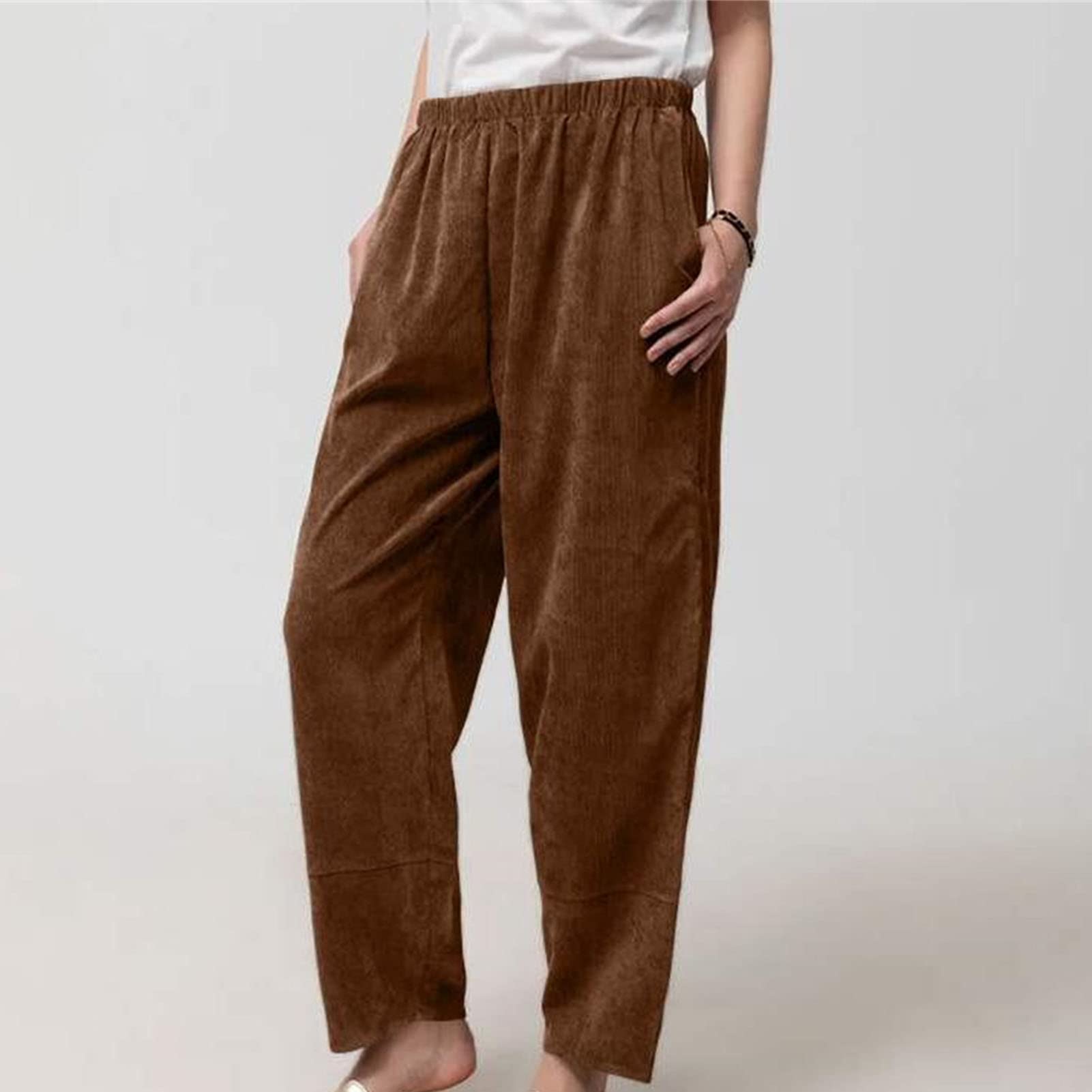 Maiyifu-GJ Women's Casual Baggy Lounge Pants Solid Elastic Waist Summer Beach Trousers Lightweight Wide Leg Flowy Sweatpants (Brown,3X-Large)