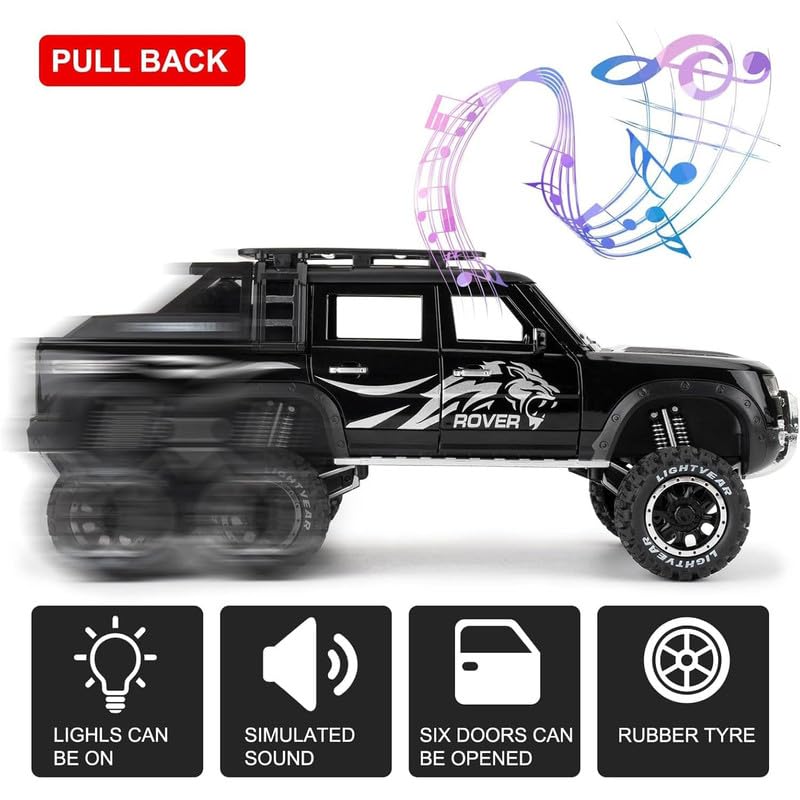 Image of Kids Model 1:24 6 Wheel Defender Die Cast Metal Car Pull Back Action Opening Doors with Realistic Engine Sound Lights Toy Car Gift for Boys - Black