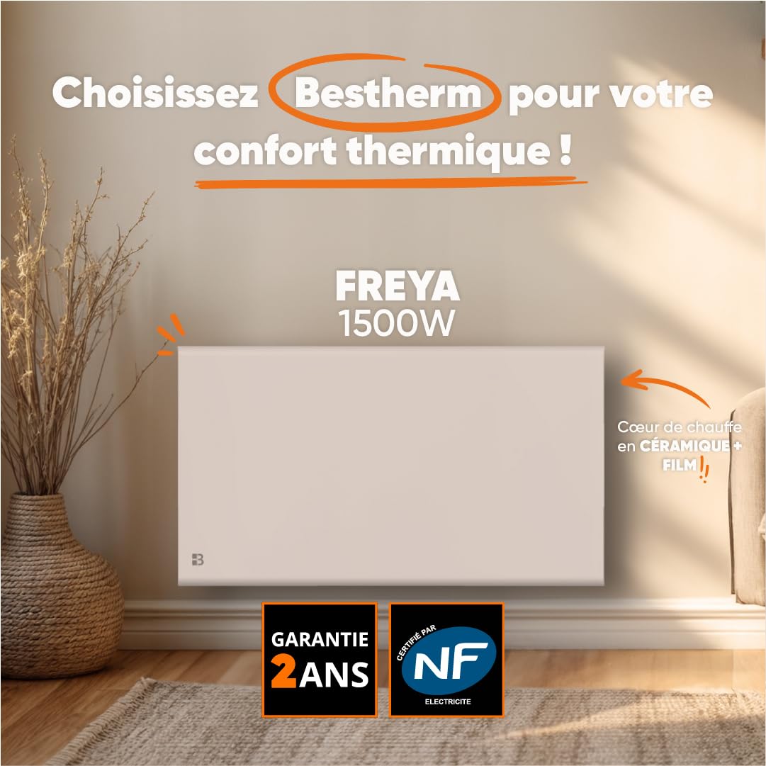 BESTHERM - Ceramiczny grzejnik elektryczny z suchą bezwładnością + folia pozioma 1500 W Bestherm FREYA biała