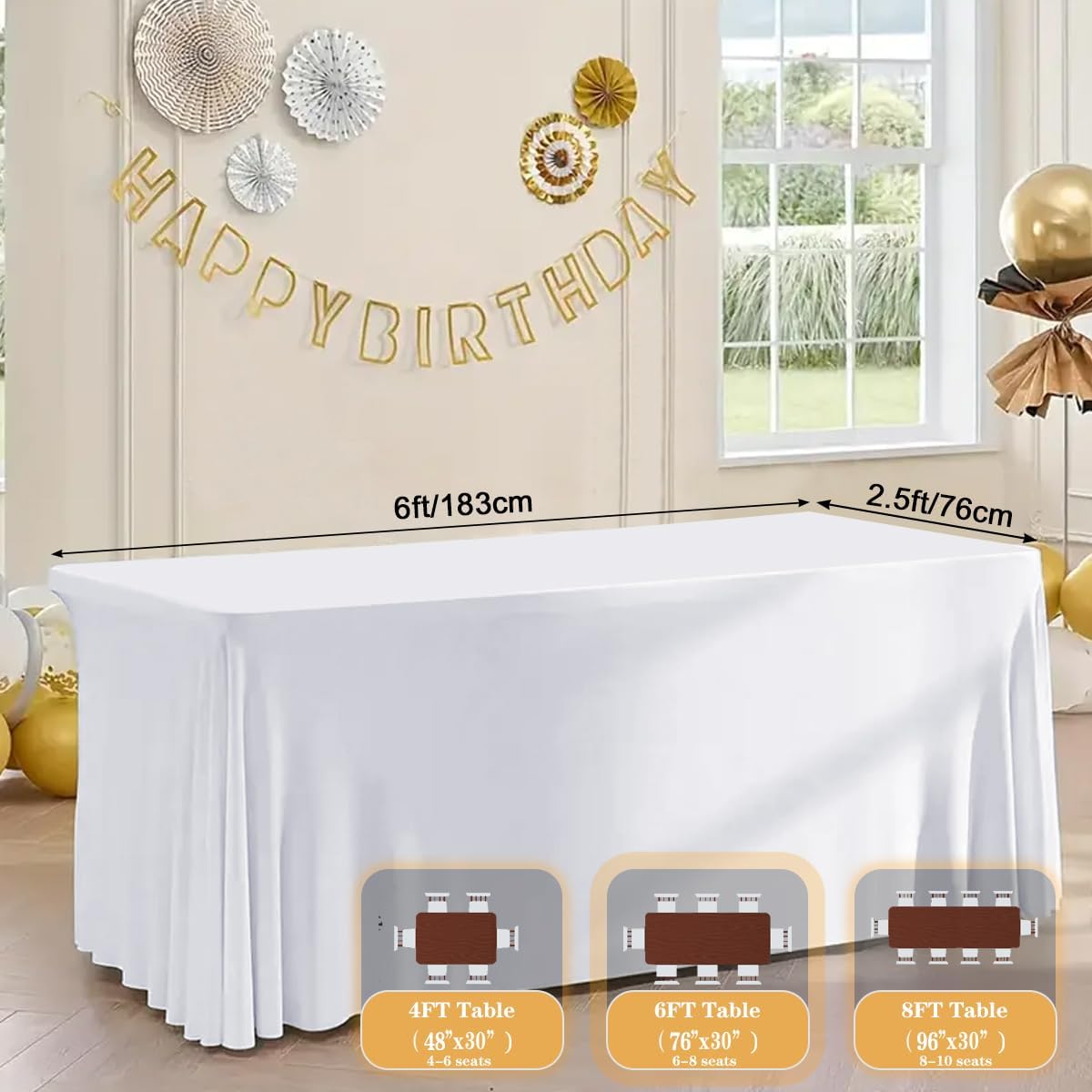 HAORUI Open Back Table Skirts, 4Pack Rectangle Wrinkle Resistant Table Clothes, Ruffles Elastic Table Cover for Banquets, Weddings, Parties (6ft White)