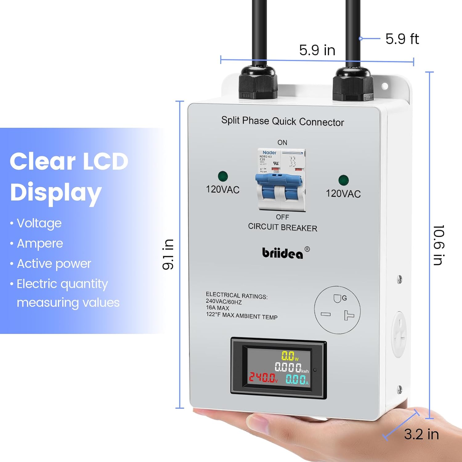 110V to 220V Quick Connectors, Briidea DIY 220-240V Power Supply from Two 110/120V AC Circuits, 220V 15AC Output Outlet, Charge The Car (GFCI Outlet Circuit Tester Included), LCD Display