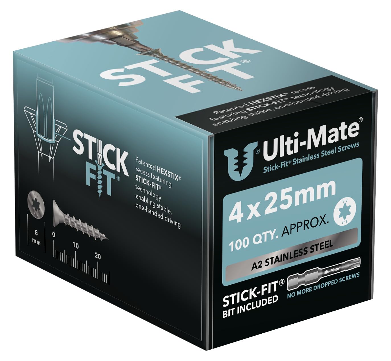 Ulti-Mate Stainless Steel Woodscrews - 4.0 x 25mm - Box 100 pcs, Silver