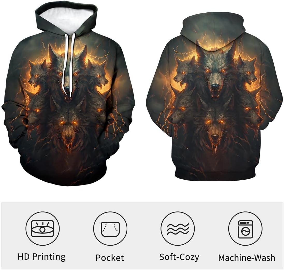 Men's Demon Wolf Animal Cool Graphic Hoodie Hoodies Dark Wolves Sweatshirts Pullover - Image 3