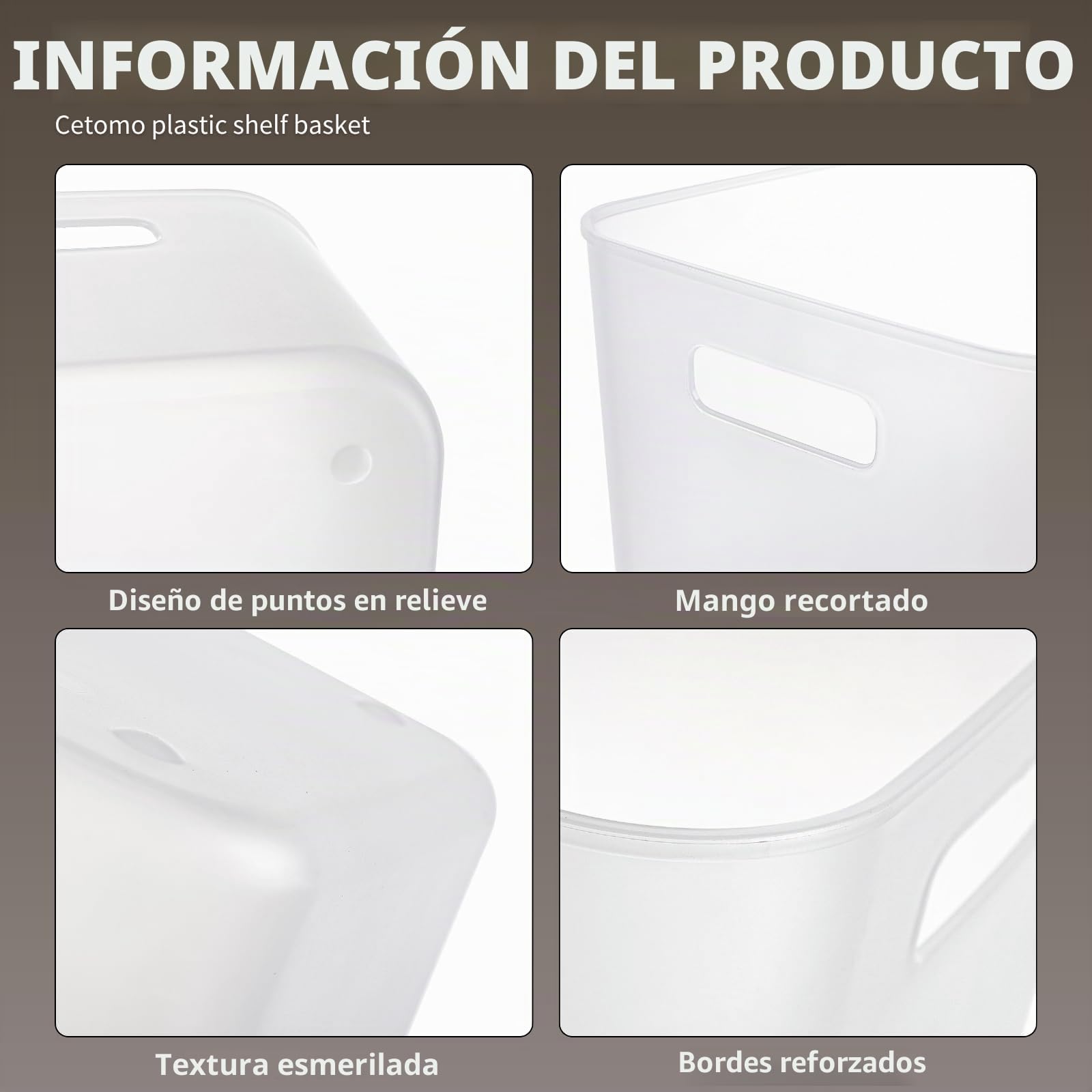 Cetomo 17L*4 Cesta de Almacenamiento de Plástico, Caja de Almacenamiento Abierta, Contenedores Para Estanterías, Organizadores con Asas Para oficina, Gabinetes, Claro, 17L-4 Unidades (35*27*20cm)