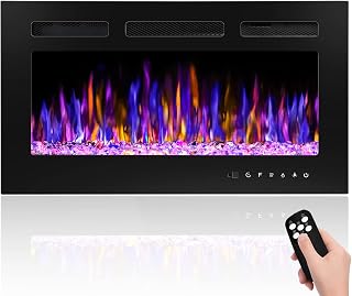 BETELNUT 30" Ultra-Thin Electric Fireplace Wall Mounted/Recessed, 1500W Heater, Remote, Timer, Adjustable Flame Colors & Brightness, Log/Crystal