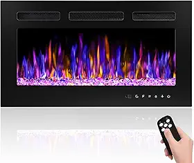 BETELNUT 30 Electric Fireplace Wall Mounted and Recessed with Remote Control, 750/1500W Ultra-Thin Wall Fireplace Heater W/Timer Adjustable Flame Color and Brightness, Log Set & Crystal Op