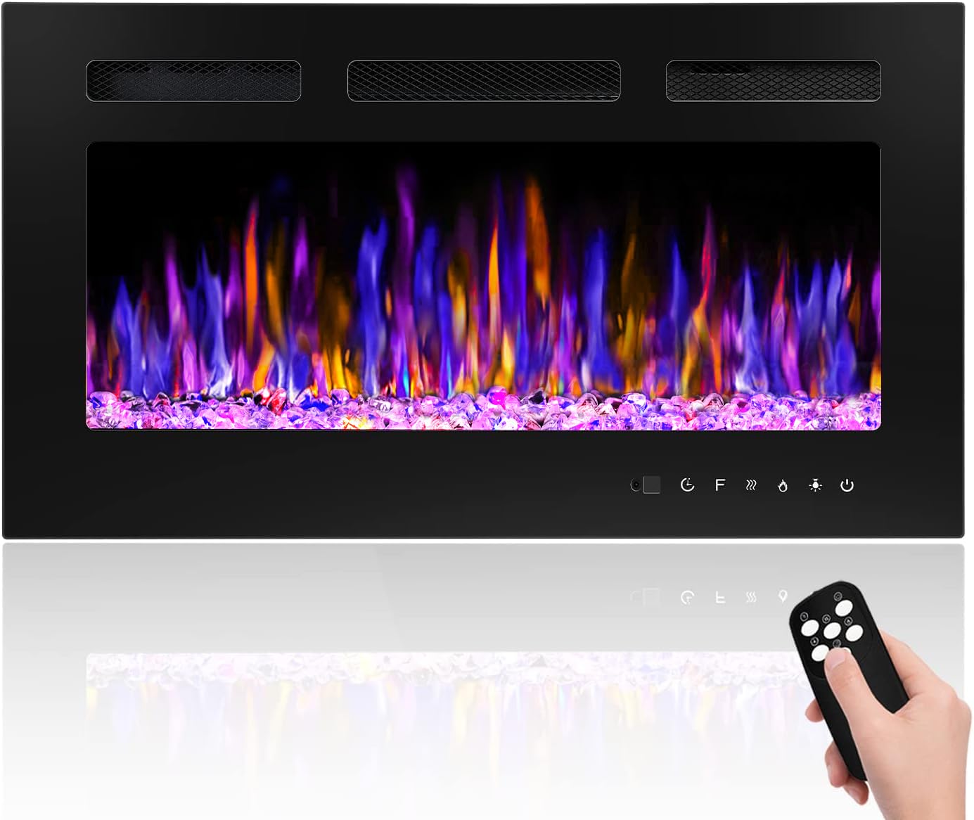 30" Electric Fireplace Wall Mounted and Recessed with Remote Control, 750/1500W Ultra-Thin Wall Fireplace Heater W/Timer Adjustable Flame Color and Brightness, Log Set & Crystal Options