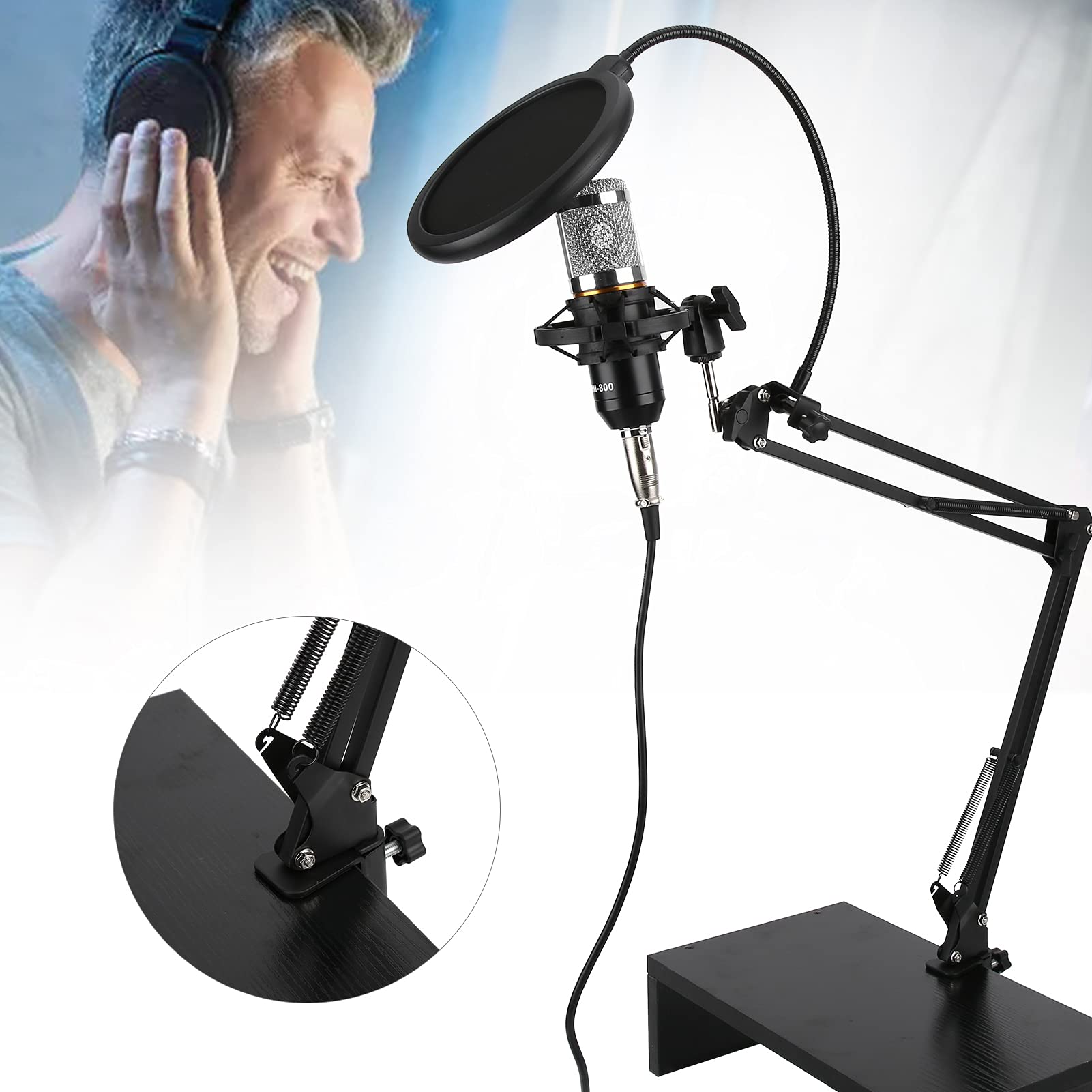 Kit microfono a condensatore BM800, microfono di registrazione professionale USB con braccio flessibile, suono chiaro per doppiaggio di canto in streaming, include spugna antiurto (Nero+Argento)