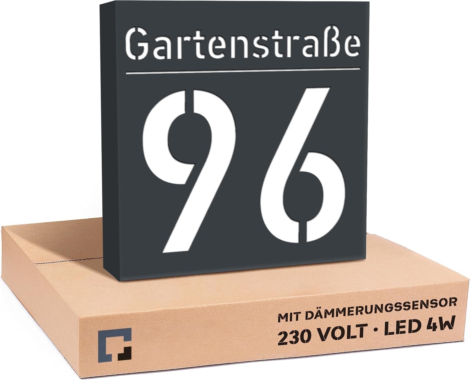 Hausnummer Beleuchtet LED mit Dämmerungssensor 30x30 cm Anthrazit mit Gravur, 6W A++, 230V, wasserdicht, modernes Design, robust & stilvoll