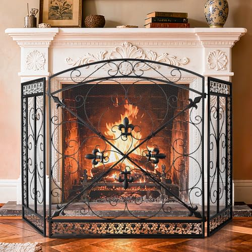 Image of WICHEMI 3 Panel Fireplace Screen for Fireplace Cover Fireplace Screens Stand Alone 52.4 x 31inch Wrought Iron Black Metal Spark Guard Fireguards Mesh Cover Fence Fire Place Standing Gate (Style 3)