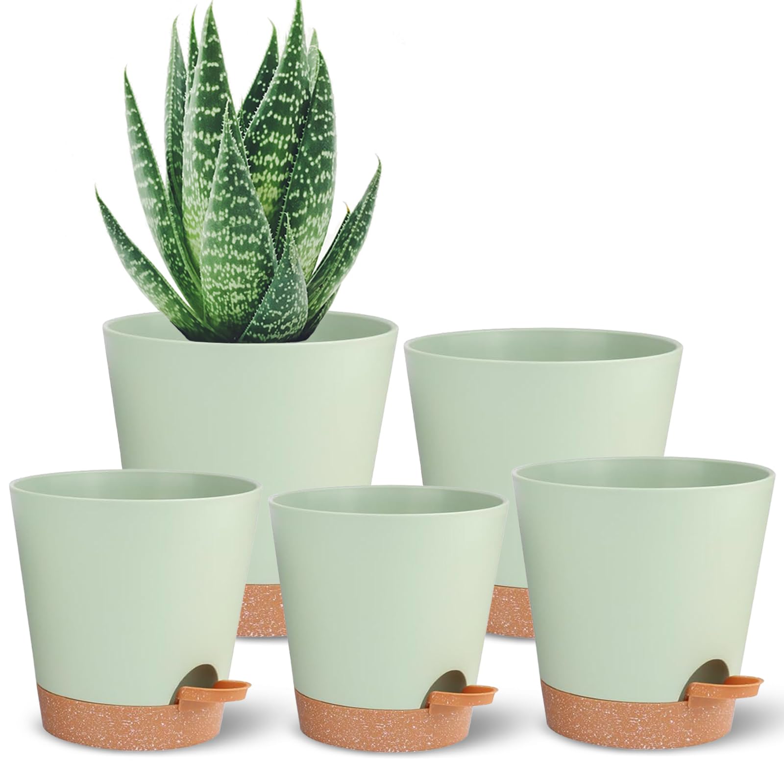 Self Watering Planters for Outdoor Plants 7/6.5/6/5.5/5Inch 5Pack Flower Pot for House Plants Green Indoor Plastic Pots Plant Pots Succulent Pots with Drainage Hole and Deep Reservoir