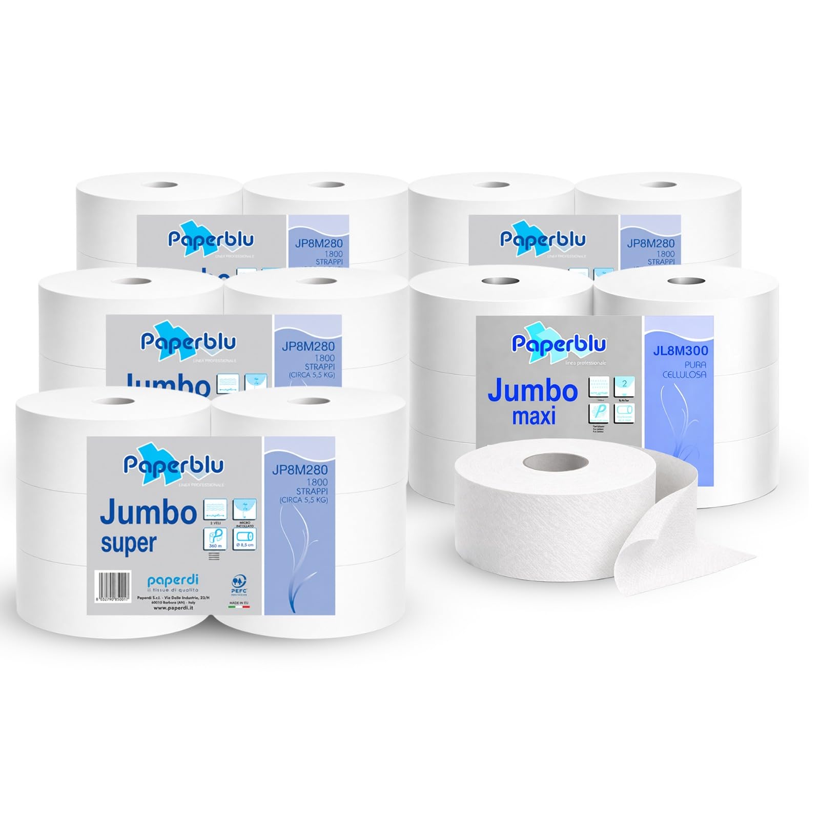 Carta Igienica Jumbo Maxi per Dispenser, 800 Strappi 2 Veli, 6 Rotoli in Pura Cellulosa, Rotoli Grandi Professionali per Bagno, Uffici e Studi Medici (Multipack 5 Confezioni da 6 Rotoli cad.)