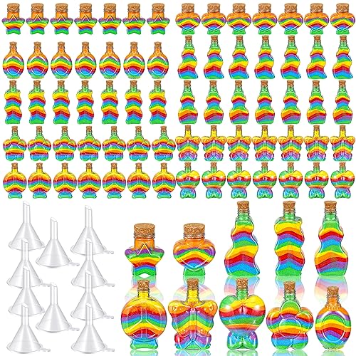 Bokon 100 Pcs Plastic Sand Art Bottles Bulk Sand Art Containers with 20 Pcs Funnels for DIY Crafts Wedding Birthday Party Decoration 10 Style(Cork Stoppers)