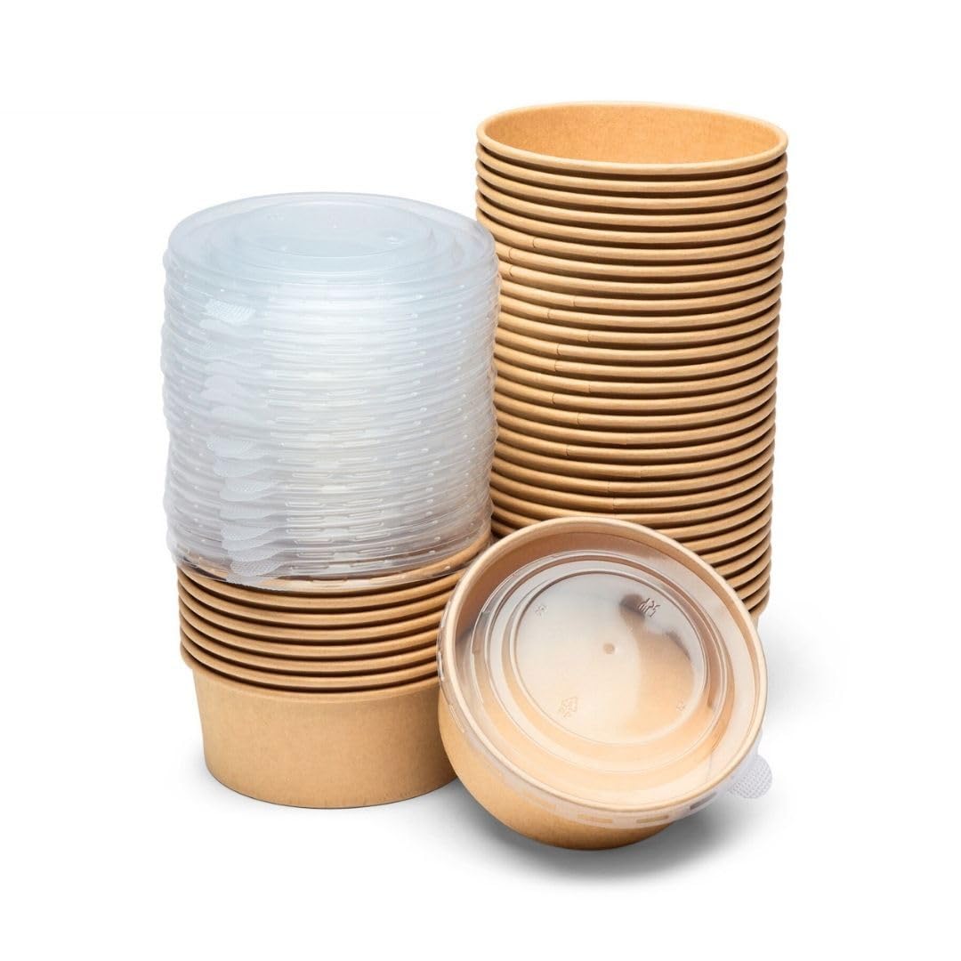 London Coffee Cups 750ml / 26oz Kraft Round Takeaway Containers with Lids, Disposable Paper Salad Bowls for Poke, Hot Food, Catering and Meal Prep, 145 x 145 x 60 mm, Pack of 100
