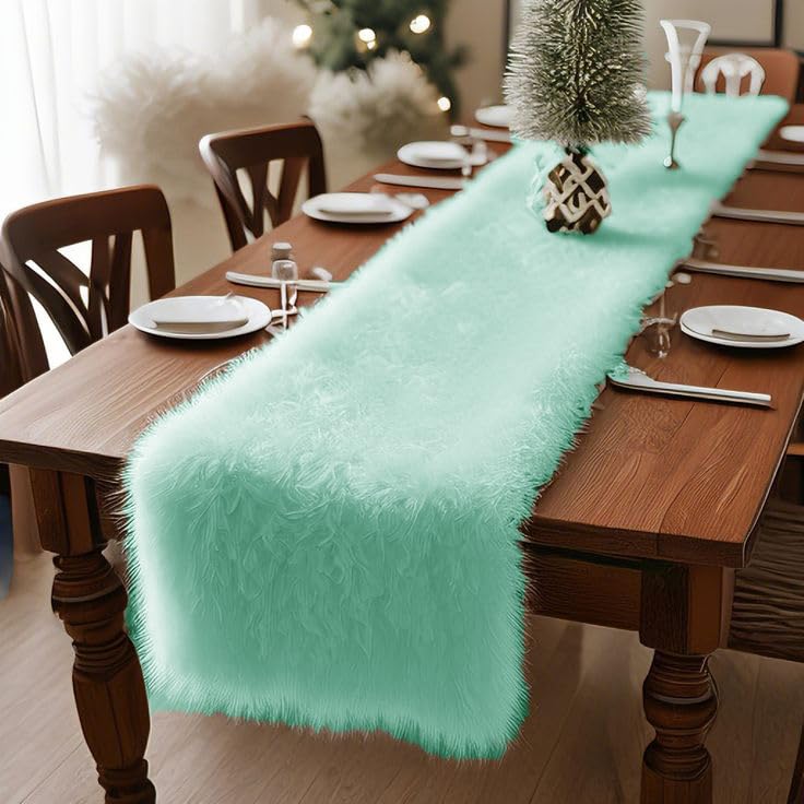 White Faux Fur Table Runner, Christmas Holiday Dining Decor, Big Size - 36 cm Wide & 172 cm Long (Light Green)