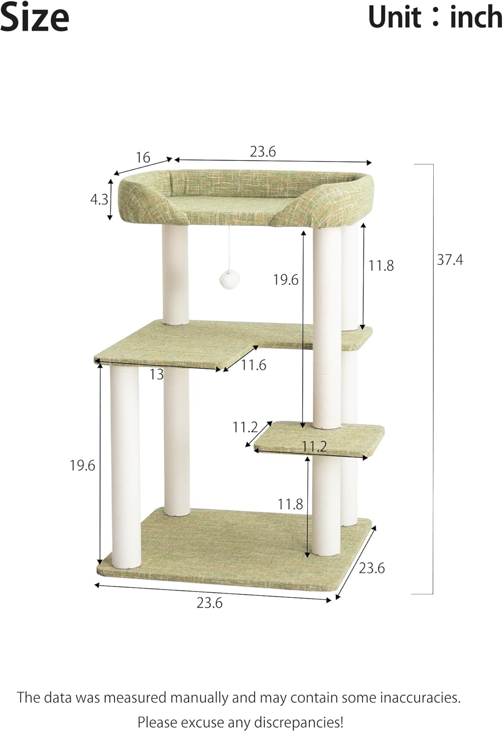 Cat Tree Tower 37.4'' (95 cm) with Scratching Posts,Multi-Level Cat Tree Tower with Wide Shelves for Senior Friendly Baby/Large Cats, Scratching Posts(Olive Green)