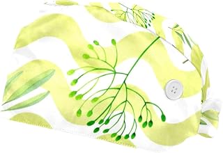 Green Leaves 2 Pcs Unisex Working Cap with Button Sweatband Adjustable Tie Back Bouffant Hats