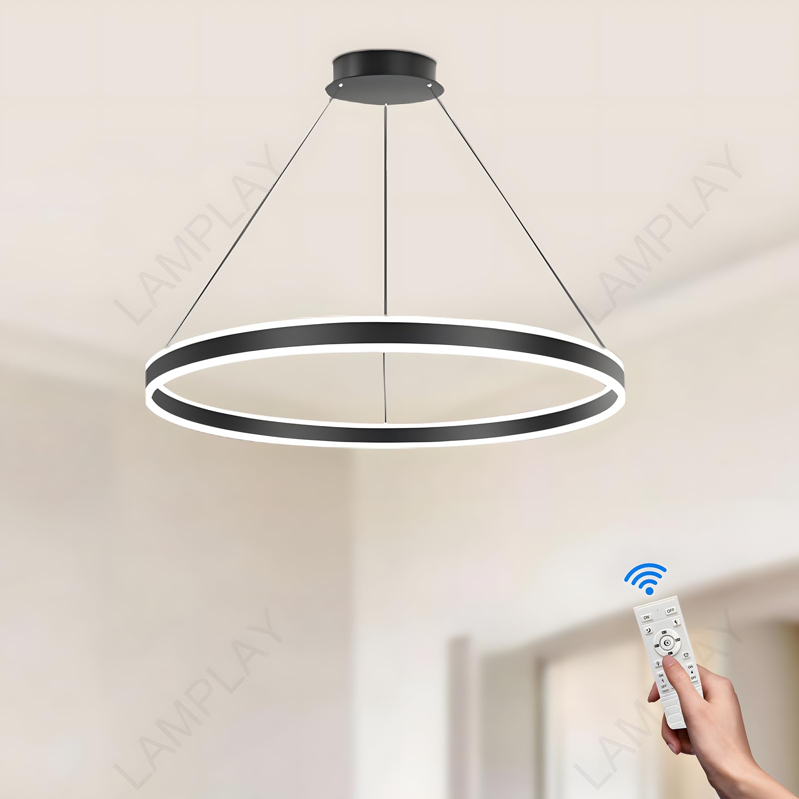 LAMPLAY Round LED Modern Pendant Light, 1 Black Ring Chandelier, Dimmable with Remote Control 3000K-6000K Ceiling Light, Height Adjustable, Foyer Living Room Bedroom Dining Kitchen Island (Ø60cm)