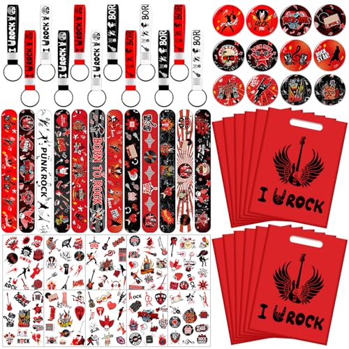 YYMYMGJ Rock and Roll Party Favors, Rock Star Supplies Decorations Includes 12 Keychain, 12 badge, 12 Bracelet,12Bags, 12 sheet tattoos for 80s 90s Rock Party Favors Goodie Bags Stuffers