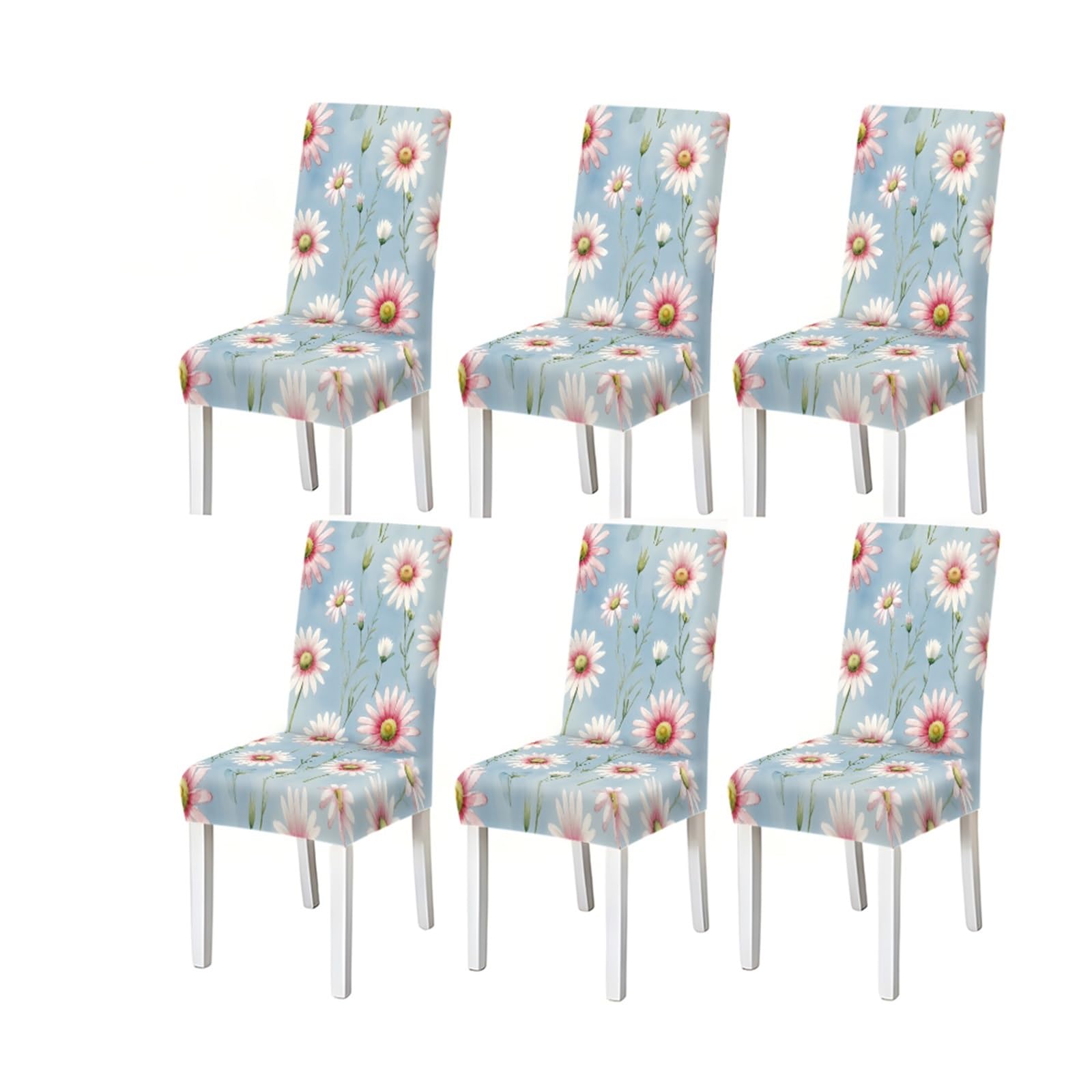 Bosuybn One Color Dining Chair Covers 2/4/6 Pieces, Stretch Slipcovers Pink Daisy Floral Pattern On Blue Background, Romantic Style For Kitchen Dining Room Furniture Protectors For Home Dining Room(6Pcschair Cover)