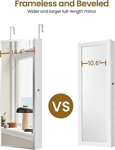 Miniatura 5 de Hzuaneri Armario de joyería de 8 LED, 42.7 pulgadas de alto, sin marco, organizador de joyas de espejo sin marco, con cerradura, montaje en