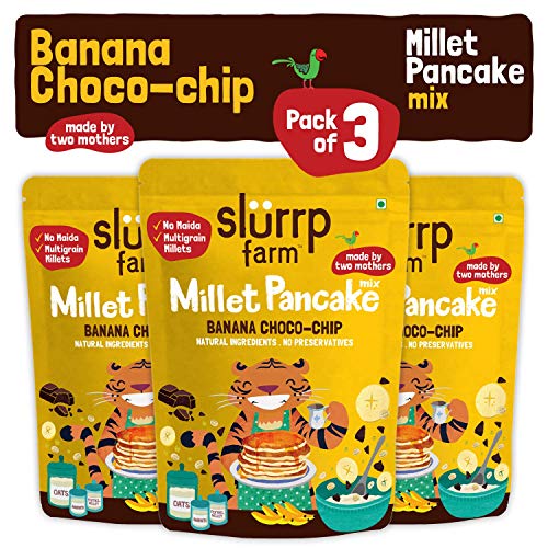 Image of Slurrp Farm No Maida Pancake Mix | Buy2Get1 Free | Instant Breakfast Mix Made with Oats and Jowar | 100% Vegetarian Eggless Healthy Breakfast for Kids & Adults | Banana Chocochip- Pack of 9 X 150g