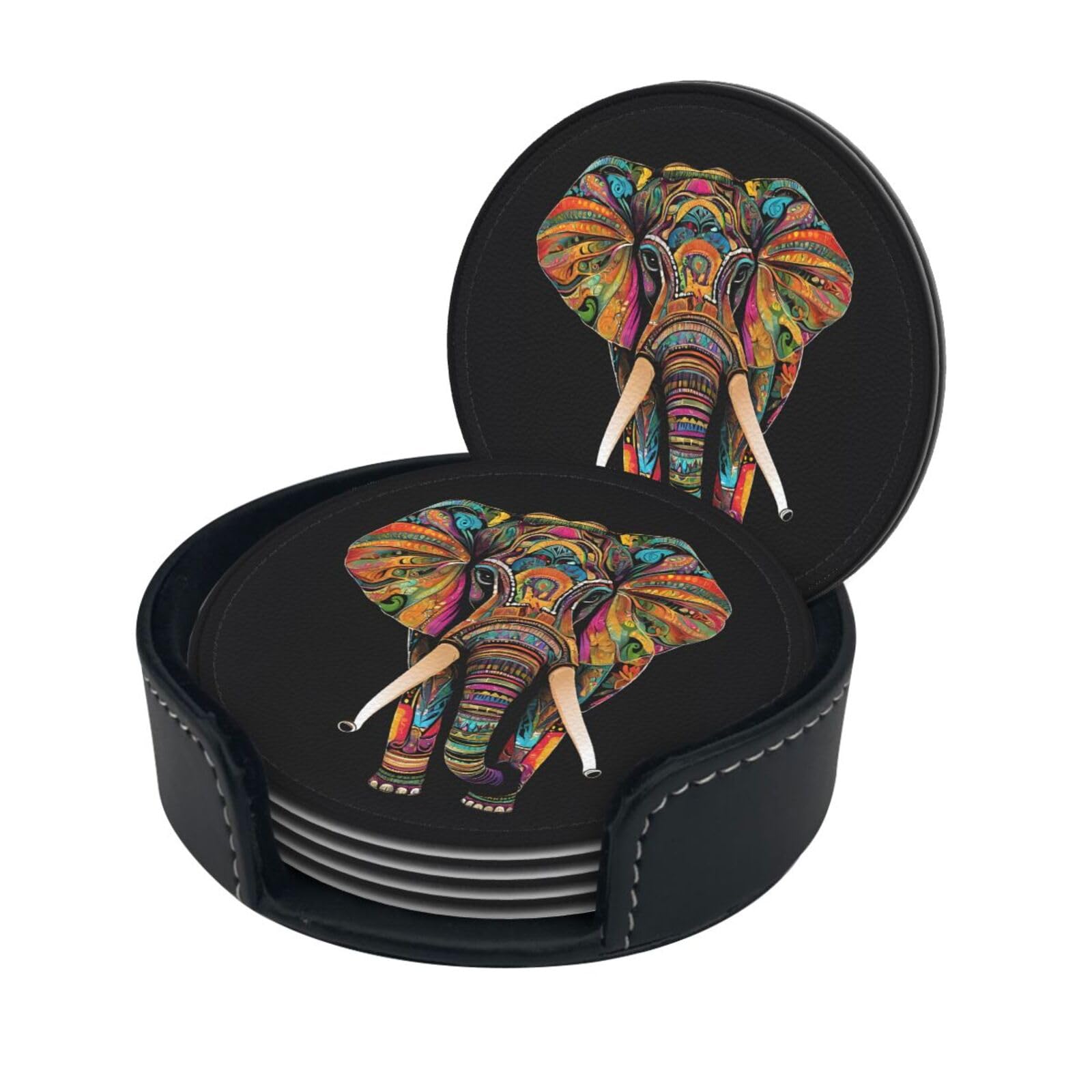 Colorful Elephant Print Coaster,Round Leather Coasters with Storage Box for Wine Mugs,Cold Drinks and Cups Tabletop Protection (6 Piece)