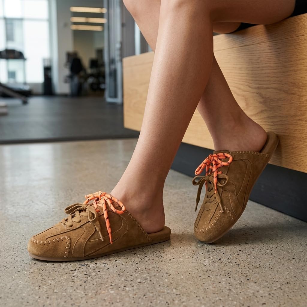 Sneaker Mules for Women Round Toe Lace up Slip on Suede Mule with Two Tone Laces Closed Toe Casual Backless Flats Shoes