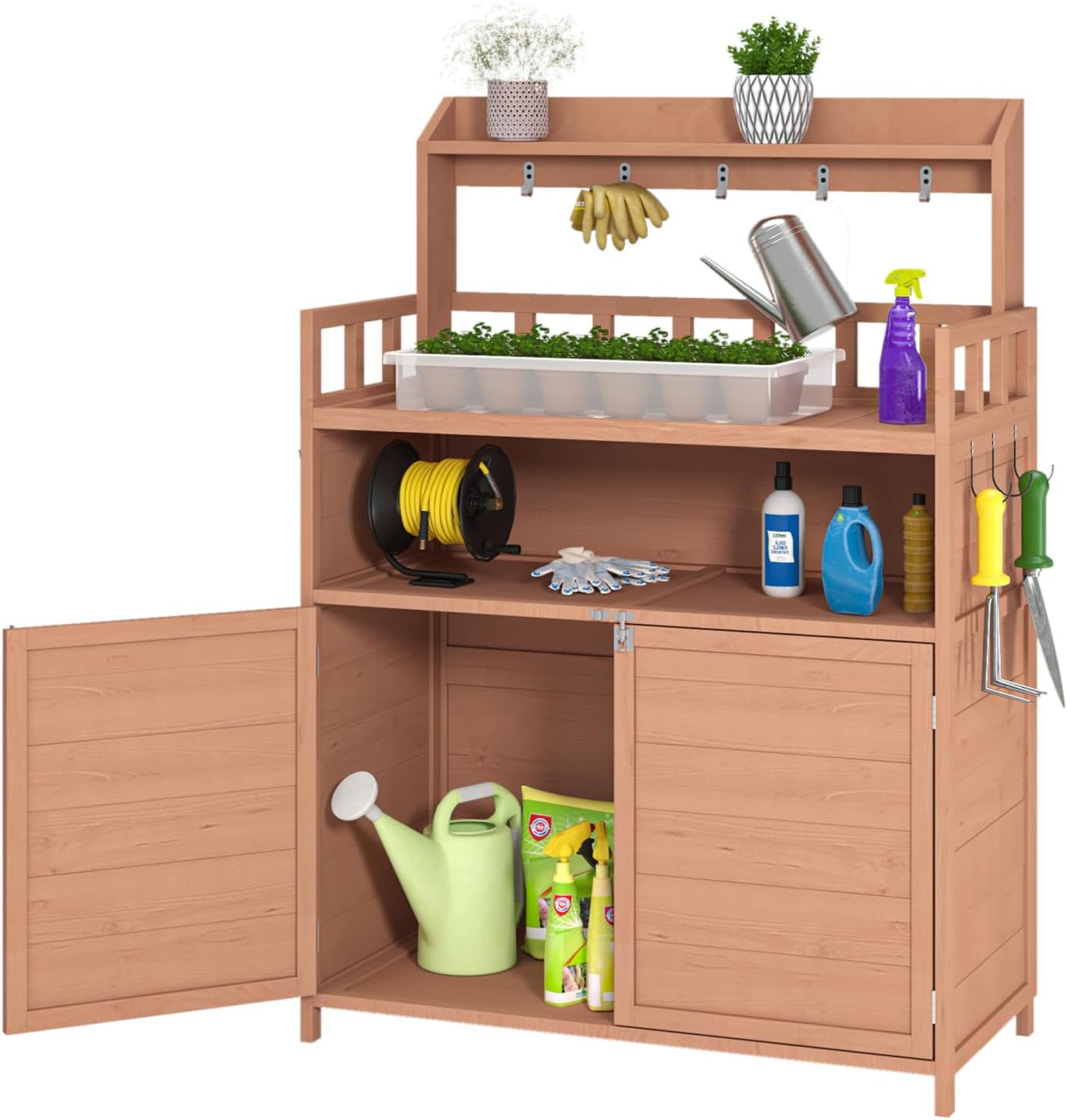 Outdoor Potting Bench with Storage Cabinet & Top Shelf for Garden Workstation - Brown