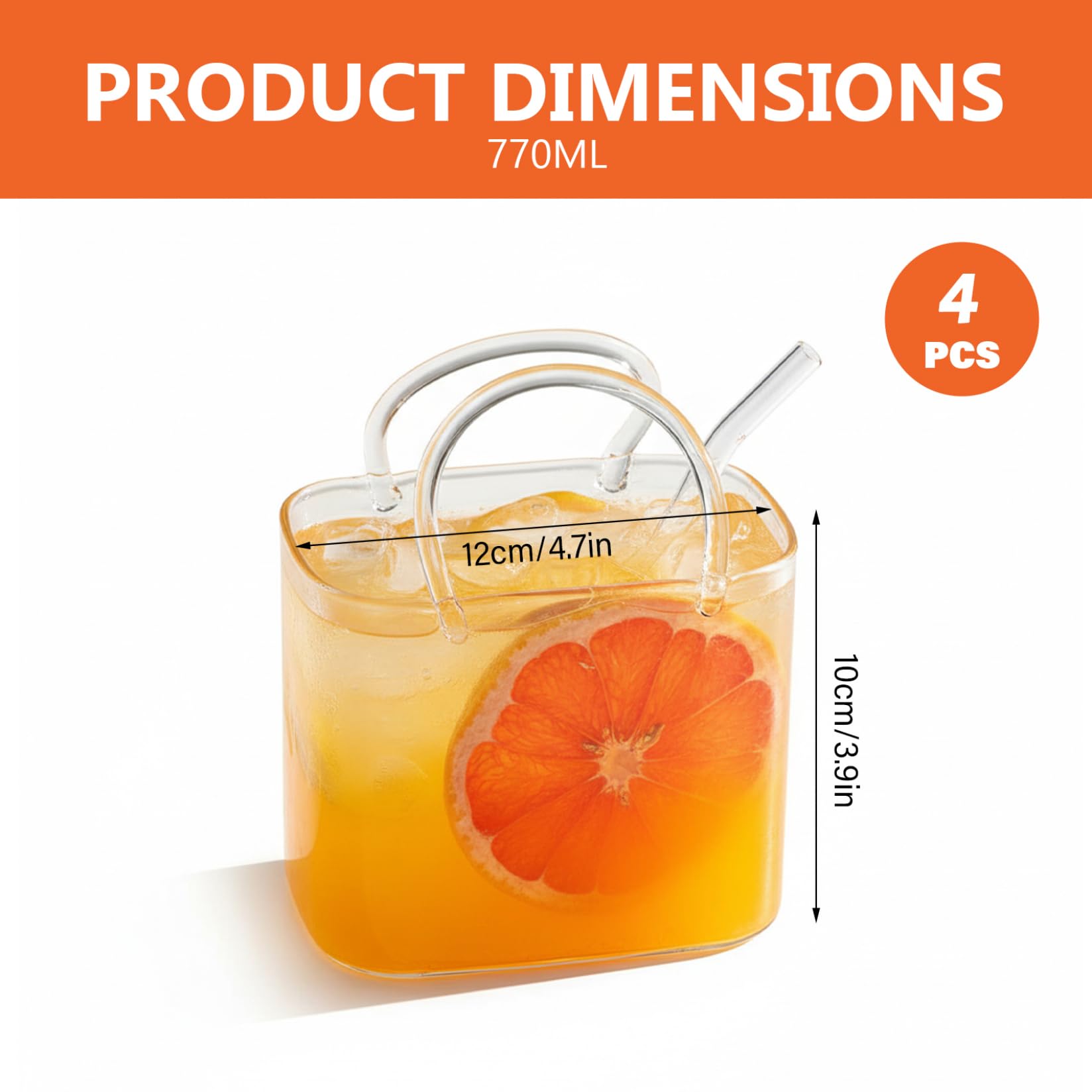 4er-Pack Glas-Vase im Handtaschen-Design für Getränke 770 ml einzigartige Trinkgläser Cocktailbecher im Handtaschen-Design für Saft klares Borosilikatglas