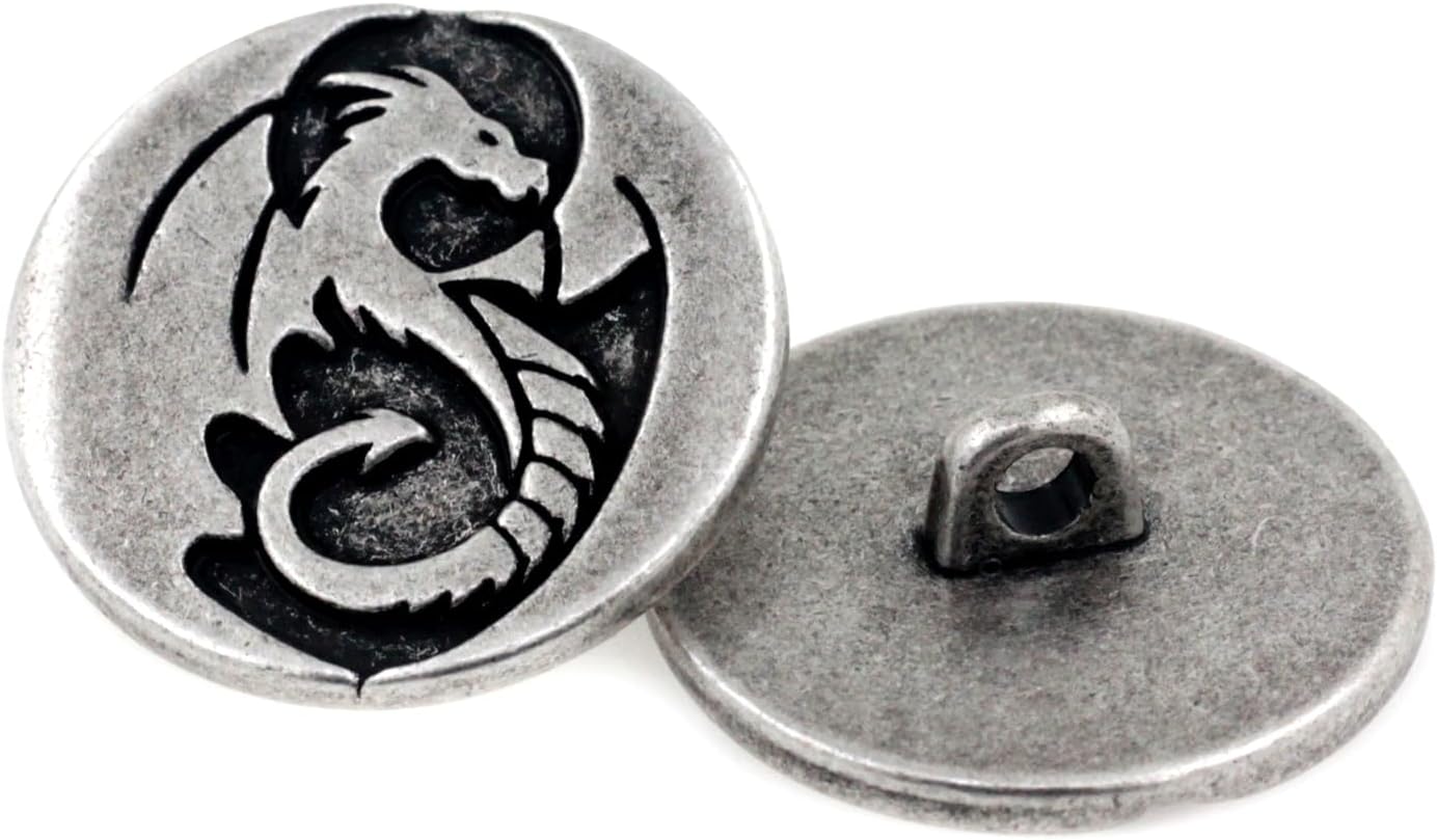 Bezelry 8 Pieces Majestic Dragon Metal Shank Buttons. 25mm (1 inch) (Antique Silver)