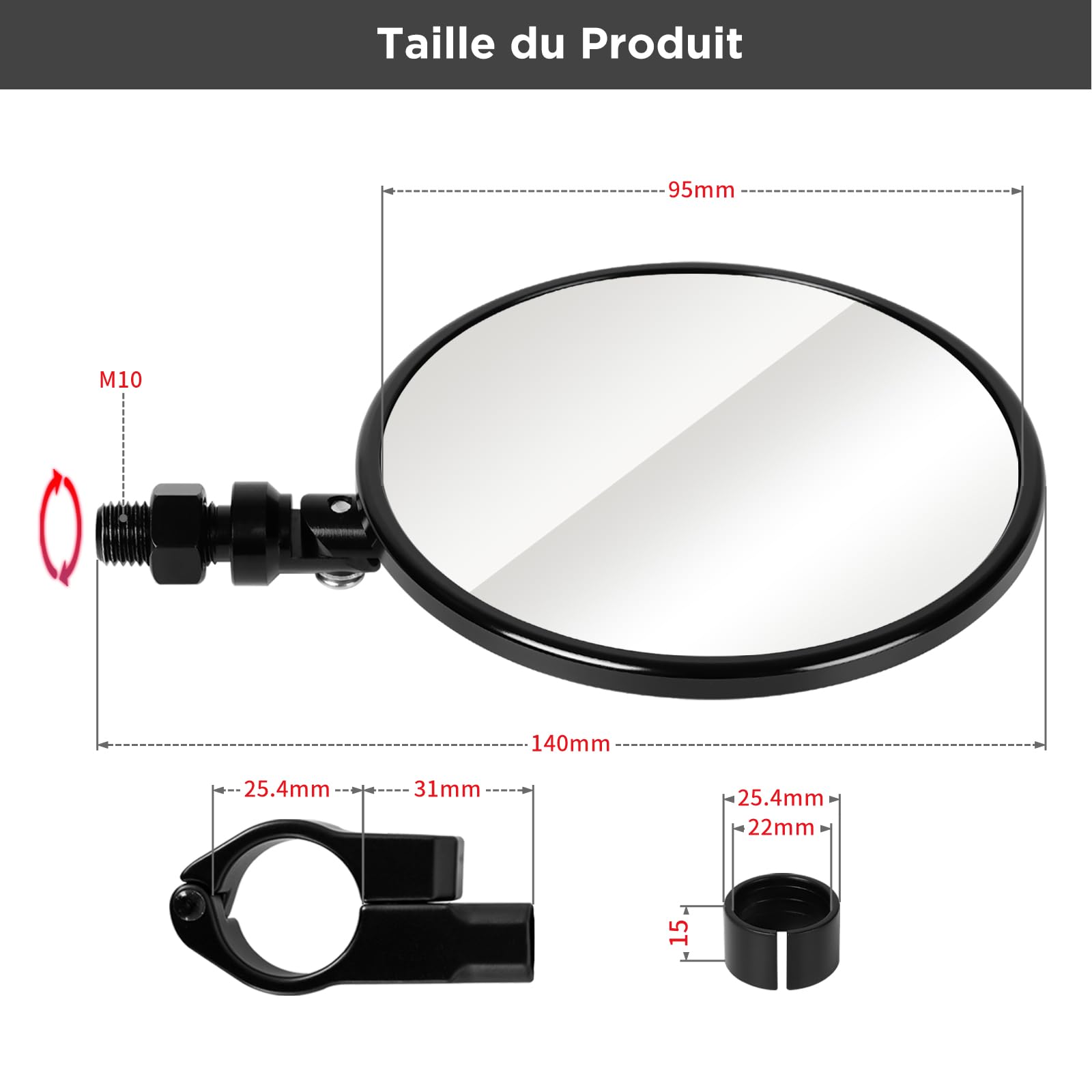 evermotor Rétroviseur Moto Homologué E24 Ø95 mm Aluminium CNC Réglable 360° avec Fixation à Pince pour Guidon 22 mm et 25,4 mm Sans Démontage 1 Pièce