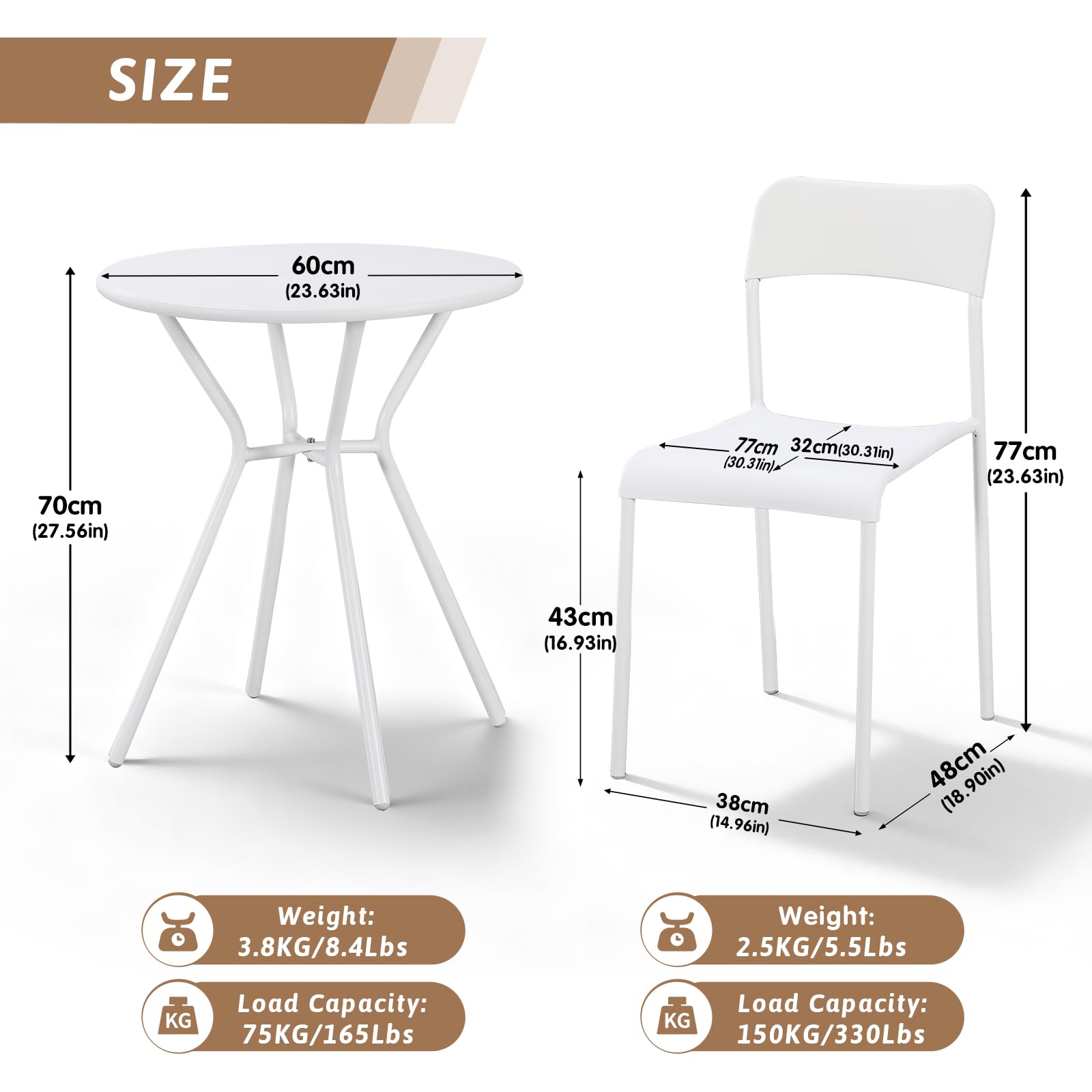 Ensemble Bistro Extérieur 2 Pers Table Métal 3 Pièces Blanc