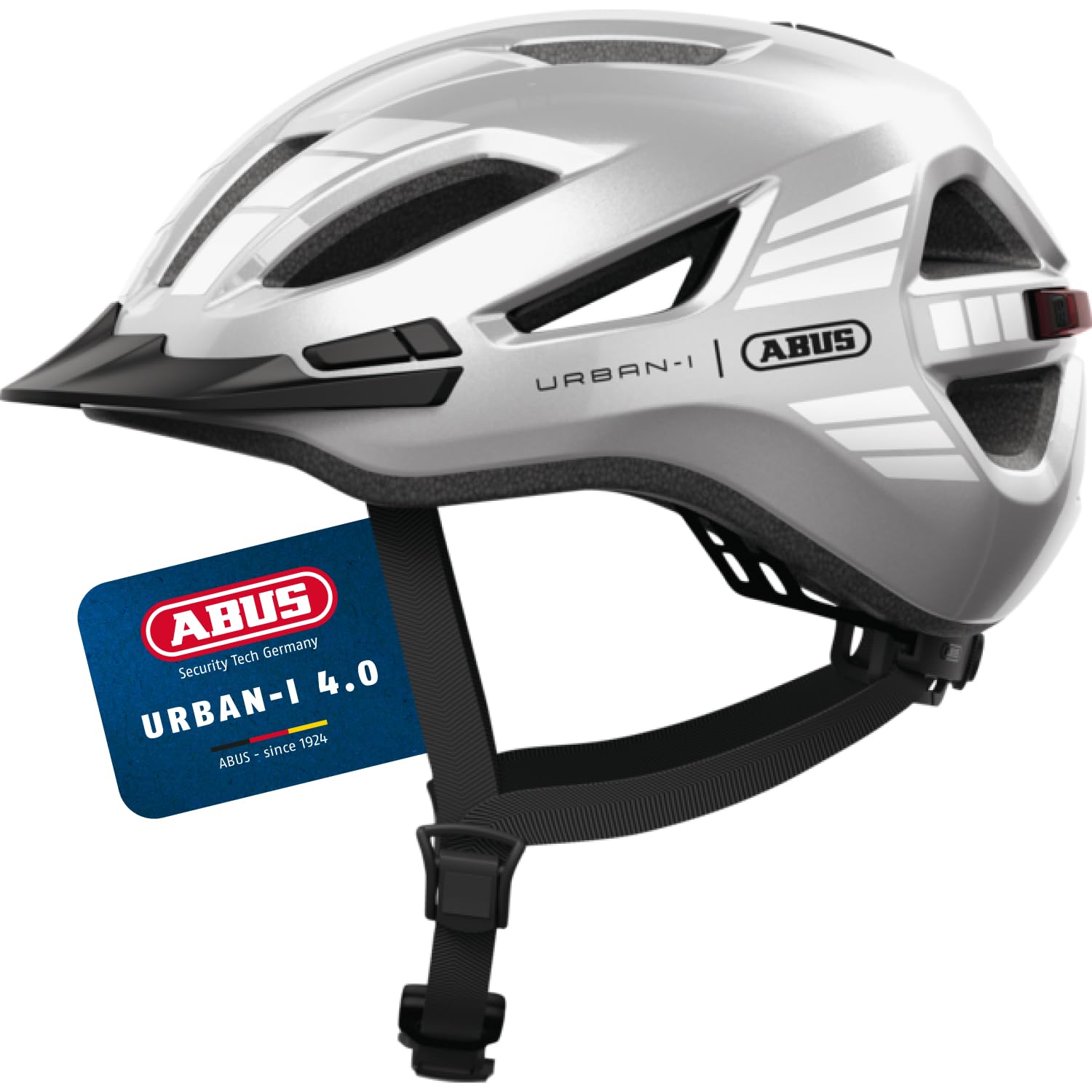 ABUS Stadthelm Urban-I 4.0 - Fahrradhelm mit aufladbarem Rücklicht, 2 Leuchtmodi, Schirm, Zopf-Öffnung und magnetischem Verschluss - für Jugendliche, Frauen und Männer - Größe S, Silber