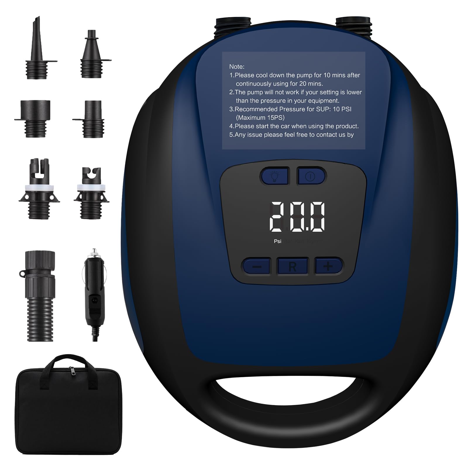 Pompa elettrica Sup – 20 psi paddle board pompa con 6 ugelli, funzione di gonfiaggio intelligente a doppio stadio, funzione di sgonfiaggio, connettore auto 12 V CC, pompa per tavole da paddle, kayak e