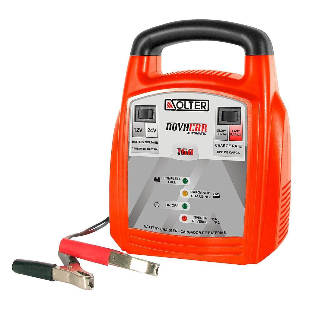 Cargador Automático Solter NOVACAR 16A, 12/24V, Carga Inteligente Rápida y Lenta hasta 150Ah, Protección Avanzada, Compacto y Fácil Transporte, Ideal Vehículos, Náutica y Maquinaria
