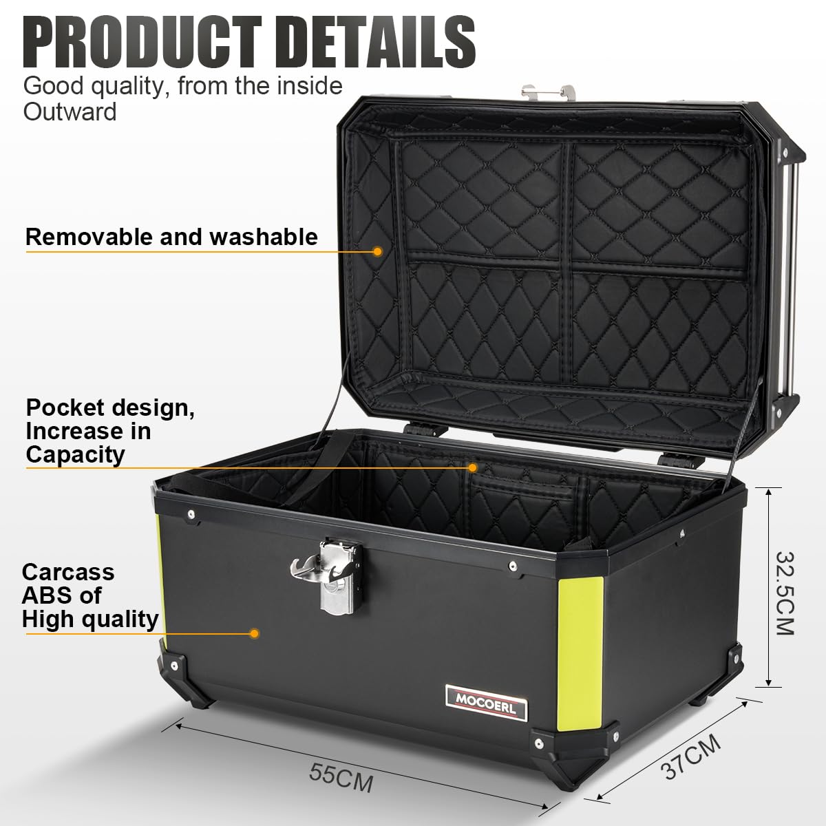 MOCOERL Maleta Moto Topcase Negra 60L Plástico ABS Impermeable Portaequipajes Caja Moto Soporte Universal 2 Cascos