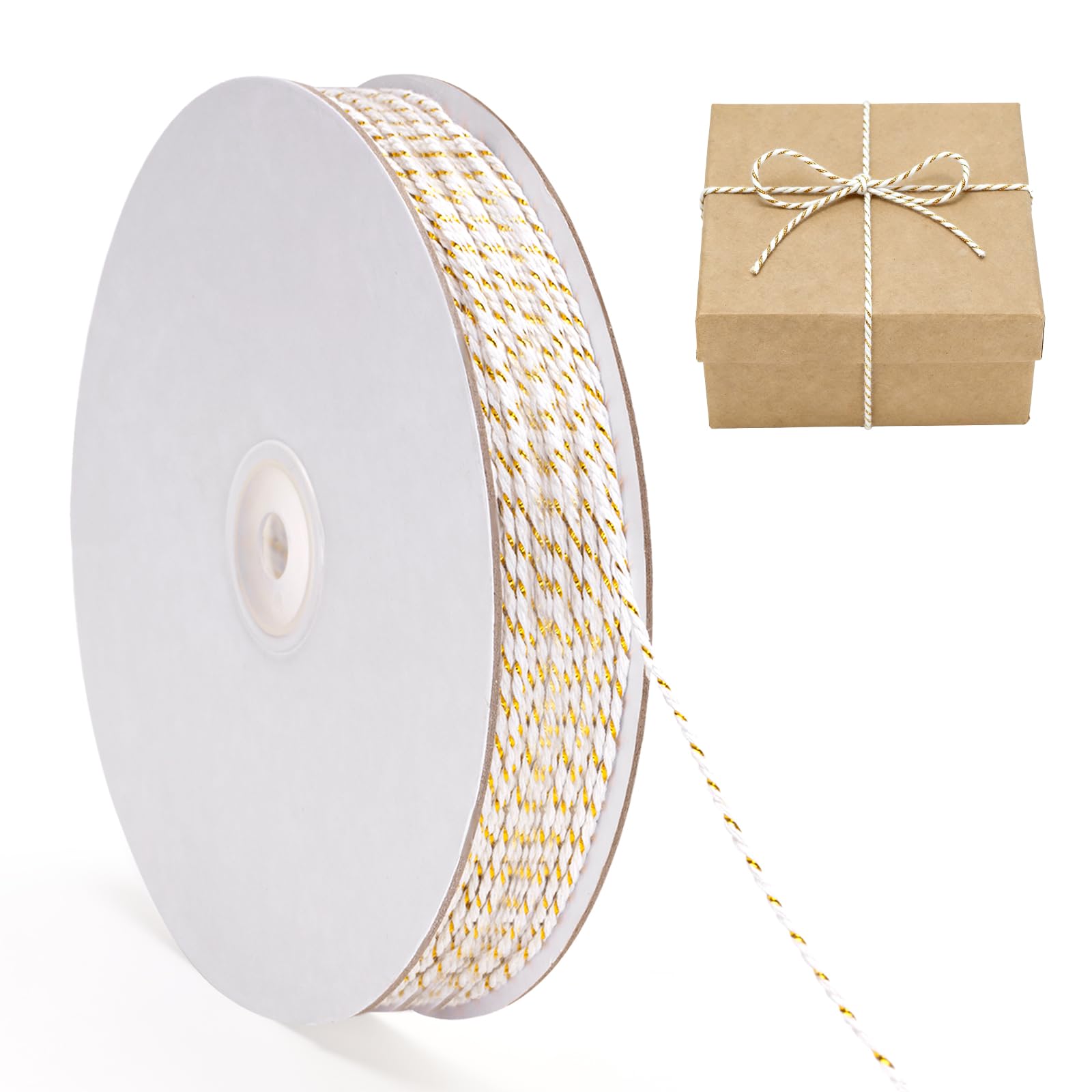G2PLUS Gold White Christmas String: 2MM Cotton String Twine, 100M White Twine with Gold Glitter for Christmas Decoration, Gift Wrapping and Crafting