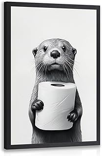 LLEEMPI Funny Bathroom Wall Art, Otter Holding Toilet Paper Wall Decor, Modern Stylish Animal Poster Print, Fashion Minimalist Black White Canvas Painting for Hallway Restroom Wood Framed 12x16 Inch