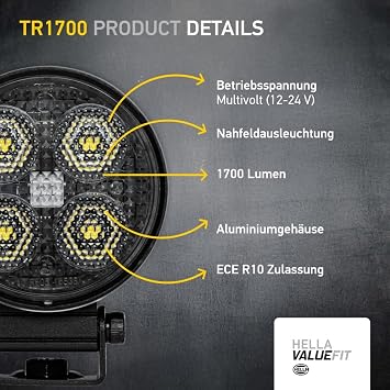 Hella Led-Çalışma Farı Tr1700-24/12V - 1700Lm - Vidalanmış/Montaj - Hareketli Montaj Barı - Yakın Alan Aydınlatması - Kablo Uzunluğu: 800Mm - Soket Modeli: Açık Kablo Uçları Led Work L 1G0 357 111-002