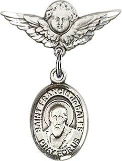 Sterling Silver Baby Badge with St. Francis de Sales Charm and Angel w/Wings Badge Pin 7/8 X 3/4 inches