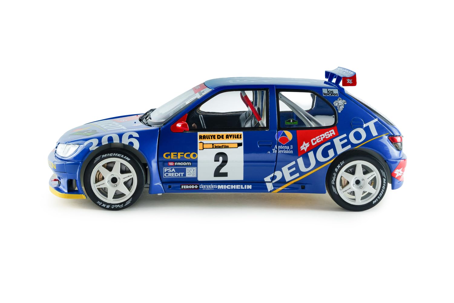 Solido Peugeot 306 Maxi #2 Rally De Avilés 1997 – Diecast Rallye Voiture de Course, J.Ascona J.Billmaier Voiture de Course Miniature de Sport Automobile détaillée Bleu 1:18