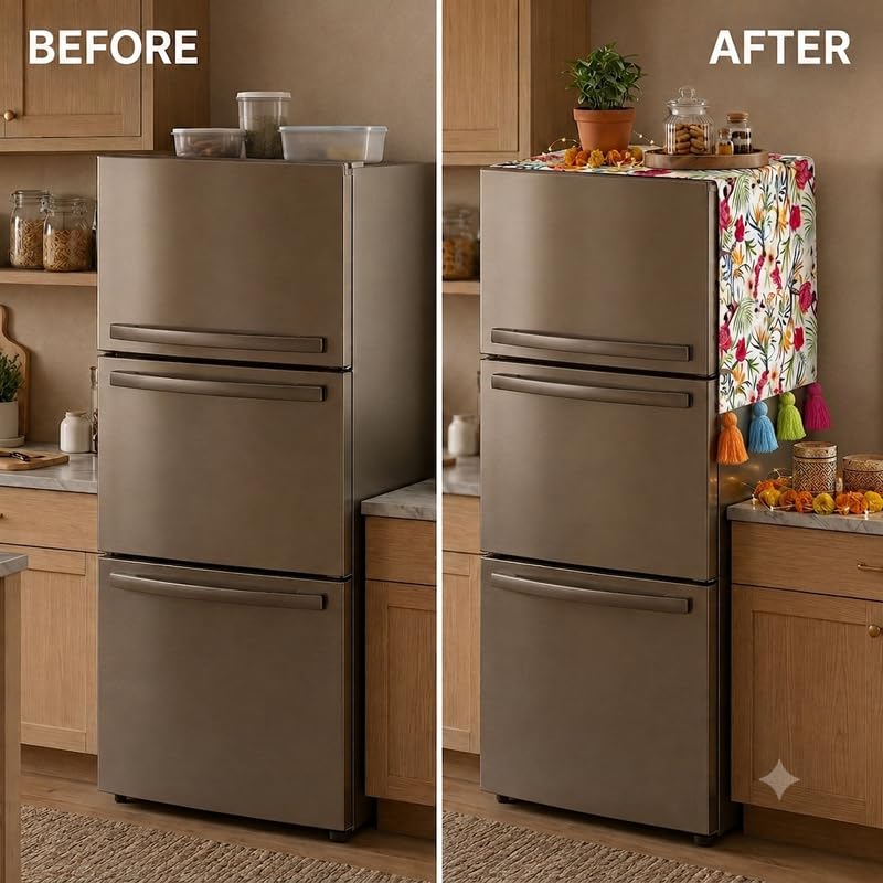 Image of Triple Door Fridge Top Cover 100-250L |450 GSM Durable Fridge Cover with Tassels| Fits Godrej, LG, Haier, Samsung Models | Dustproof Refrigerator Cover Mat in Floral Print | WWW.THROWPILLOW