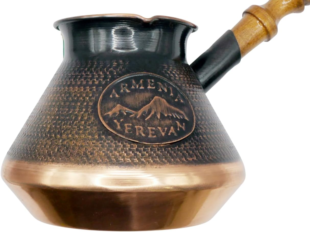 Mount Ararat Copper Jazva Jazzve – Handmade with Wooden Handle 6 Cups, Authentic Armenian Coffee Maker Pot