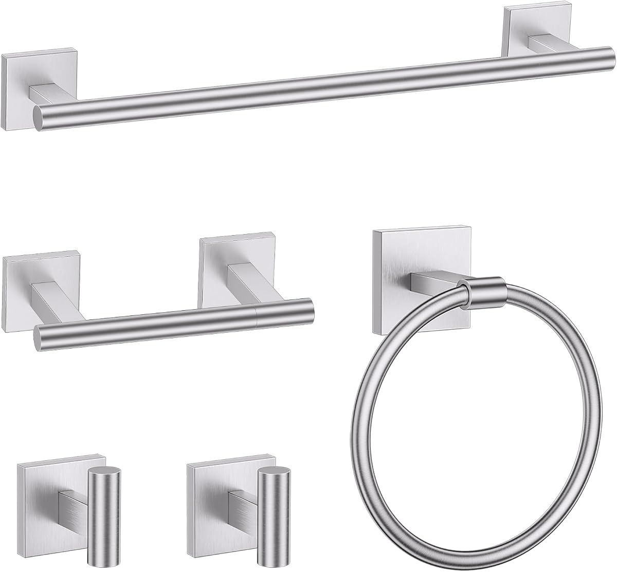 Brushed Nickel 5 Piece Bathroom Hardware Accessories Set, SUS304 Stainless Steel Bath Towel Bar Set, 24 Inch Round Bathroom Accessories Kit Wall Mounted