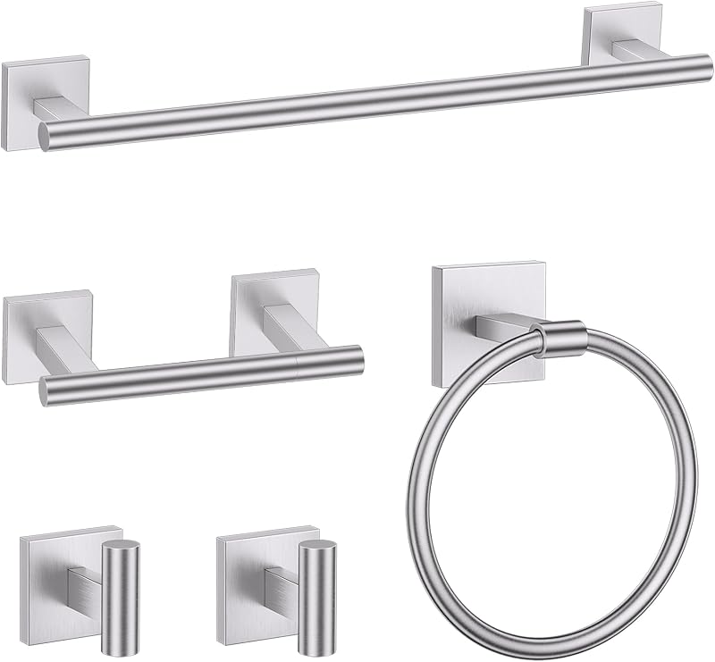 Brushed Nickel 5 Piece Bathroom Hardware Accessories Set, SUS304 Stainless Steel Bath Towel Bar Set, 24 Inch Round Bathroom Accessories Kit Wall Mounted