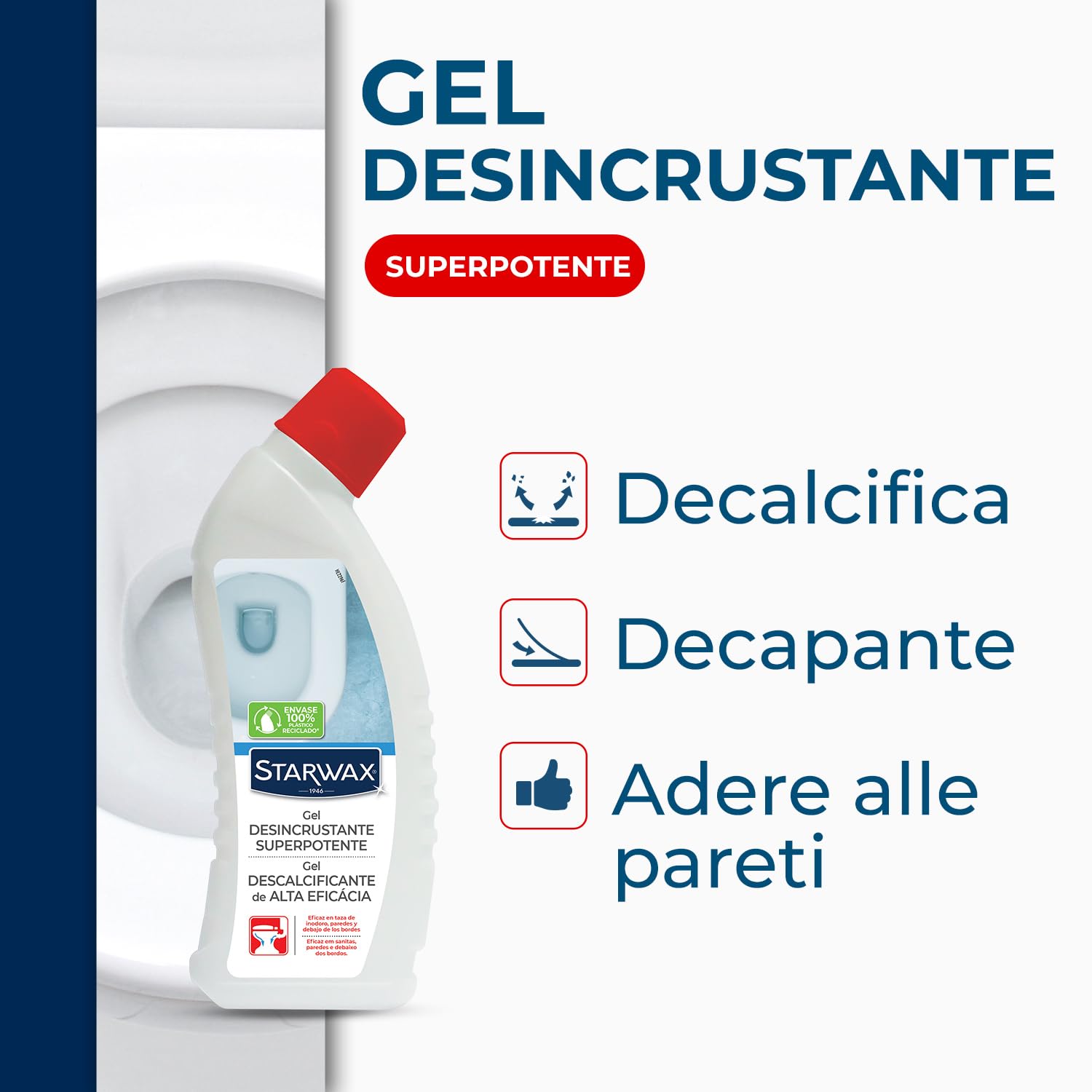 STARWAX - Gel superpotente disincrostante per WC - Azione choc - Compatibile fosse biologiche - Scioglie il calcare - Efficace sul fondo della tazza del WC - 750ml
