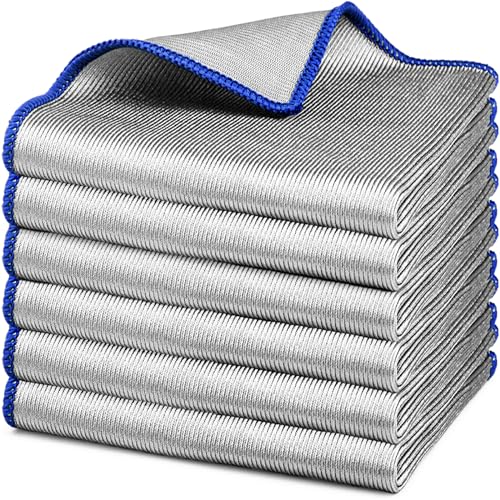 Ekedalen Microfiber Cleaning Cloth Polishing Glass Cleaner Absorbent Kitchen Towel Quick Drying Miracle Lint Free Rags for Household Auto Detailing Bathroom, Pack of 6, 12 x 12 Inch, Sliver-Blue