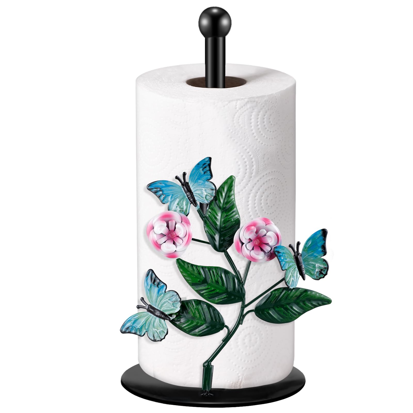 Peryiter Paper Towel Holder Countertop Decorative Metal Paper Towel Stand Rack Kitchen Standing up Roll Dispenser with Base for Kitchen Bathroom Tabletop Living Room Decoration(Butterfly)