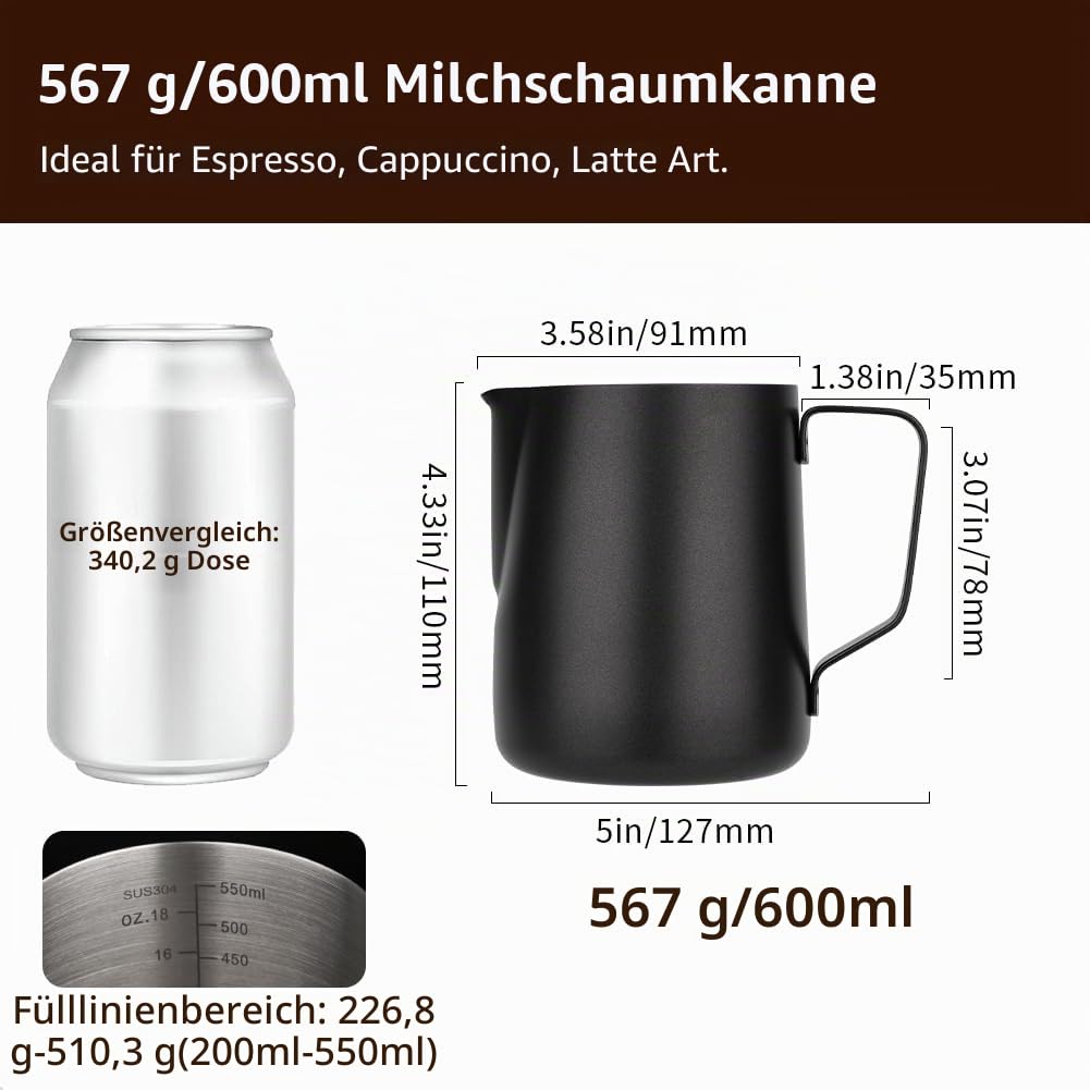 watchget Milchaufschäumkrug aus Edelstahl 20oz/600ml - Espresso-Dampfkrug für Cappuccino, Latte Art, Kaffeemaschinen-Zubehör, Milchkännchen, Kaffee-Aufschäumer-Becher, Schwarz